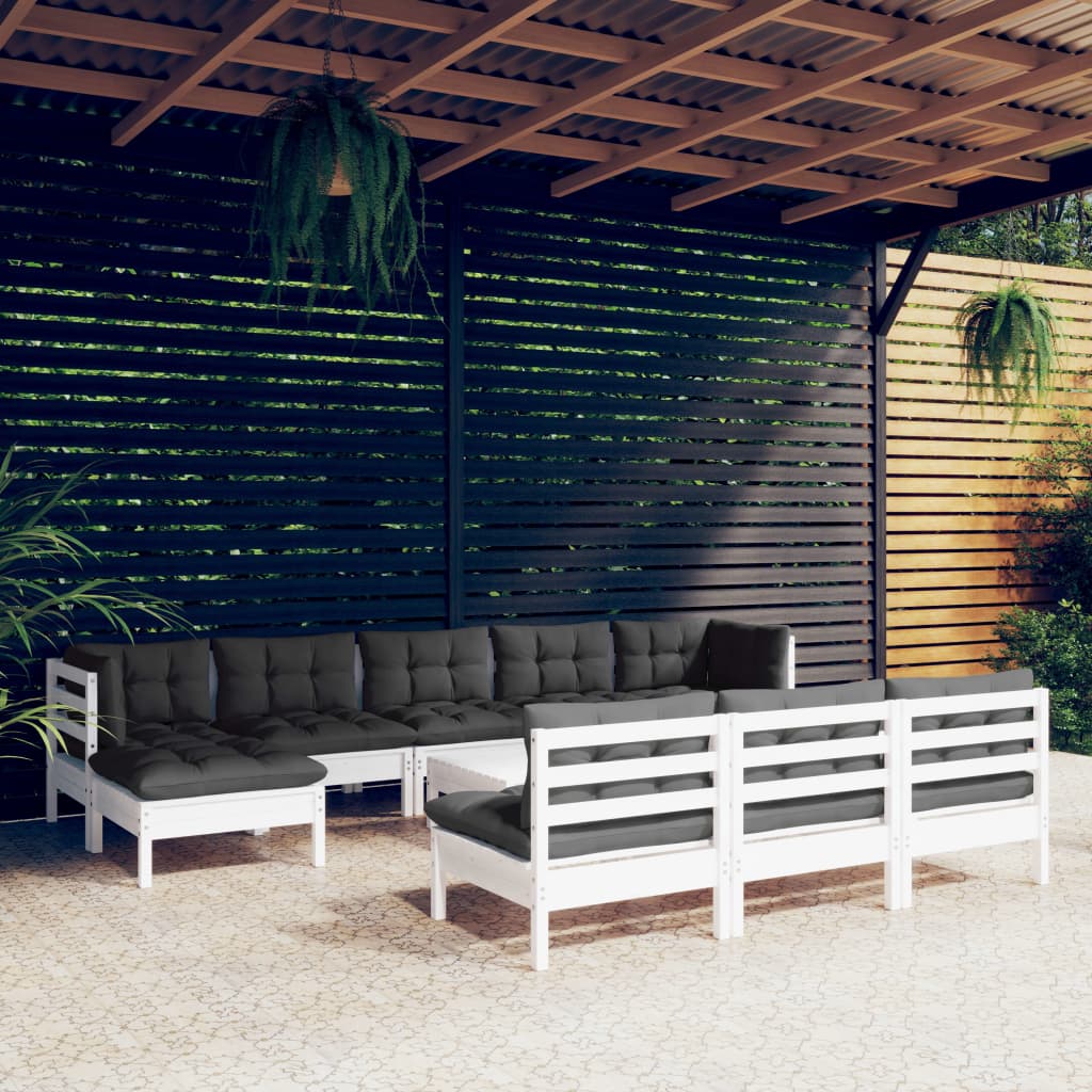 11-tlg. Garten-Lounge-Set mit Kissen Weiss Kiefernholz